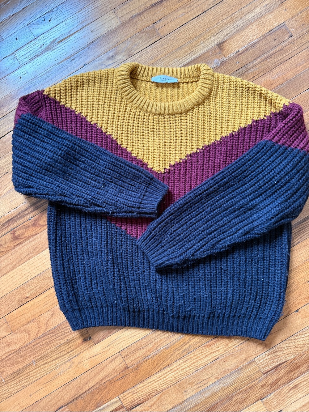 Elodie Colorblock Crewneck Sweater in Mustard, Burgundy & Navy
